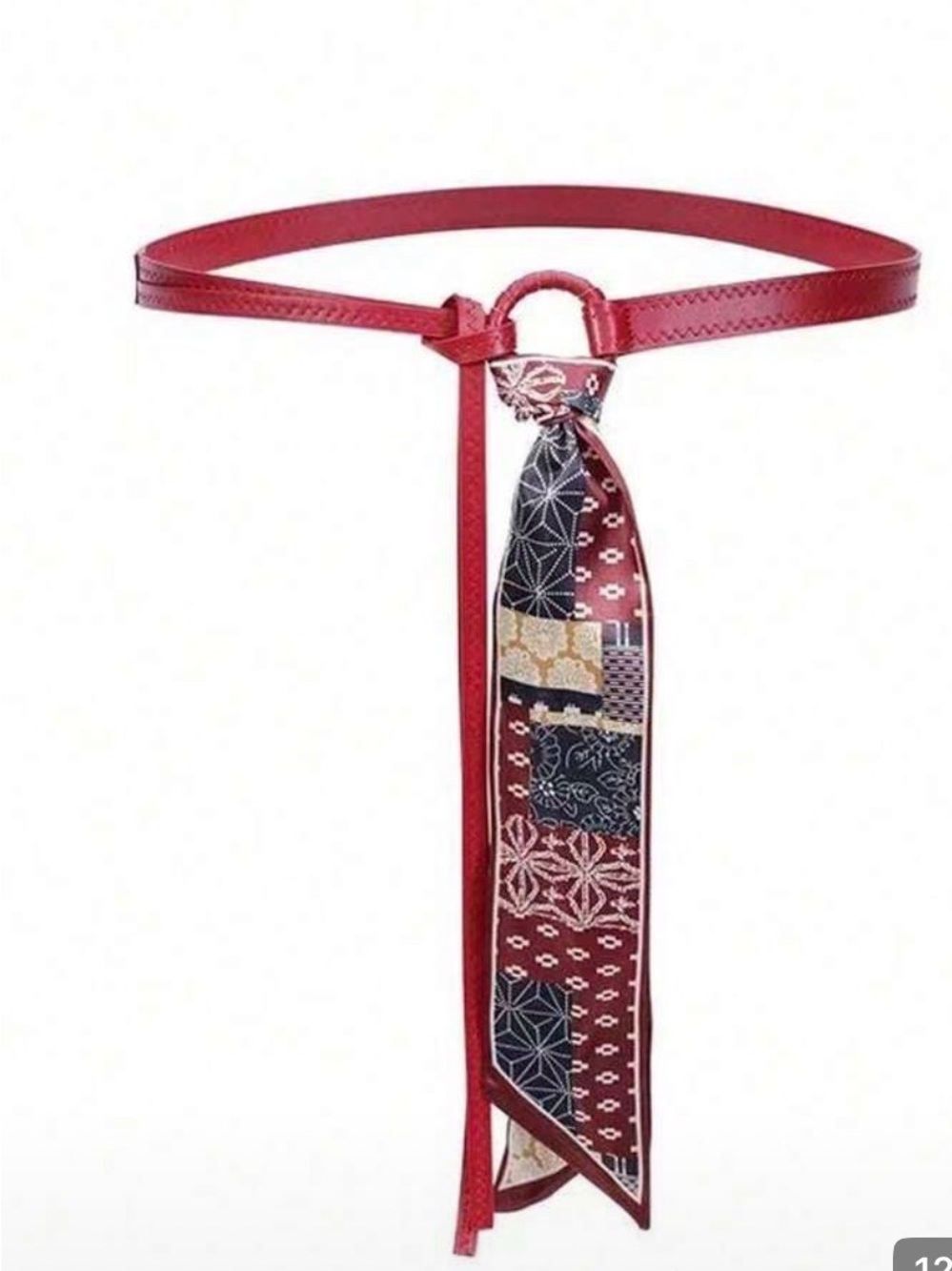 Red Leather Waist Belt with Patterned Scarf Tie